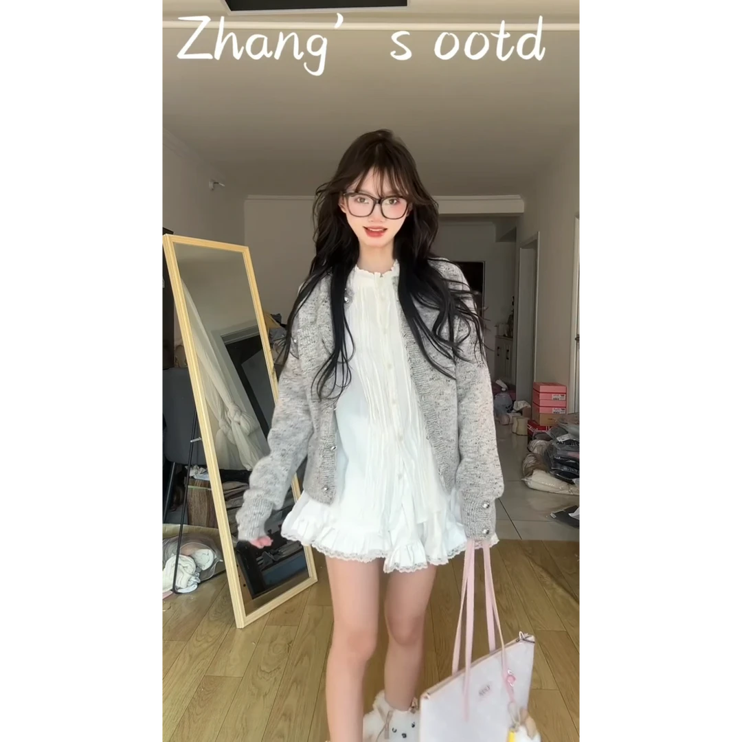 日系慵懒灰色毛衣外套女2025春季新款温柔风气质百搭衬衫裙子套装