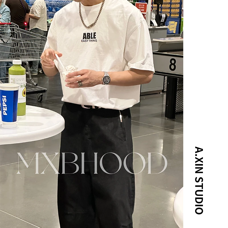 【25新品系列】夏季纯棉重磅积木字母印花圆领宽松休闲男士短袖t恤