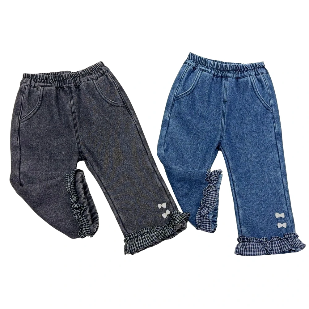 女童秋冬加绒洋气蝴蝶结微喇儿童牛仔裤