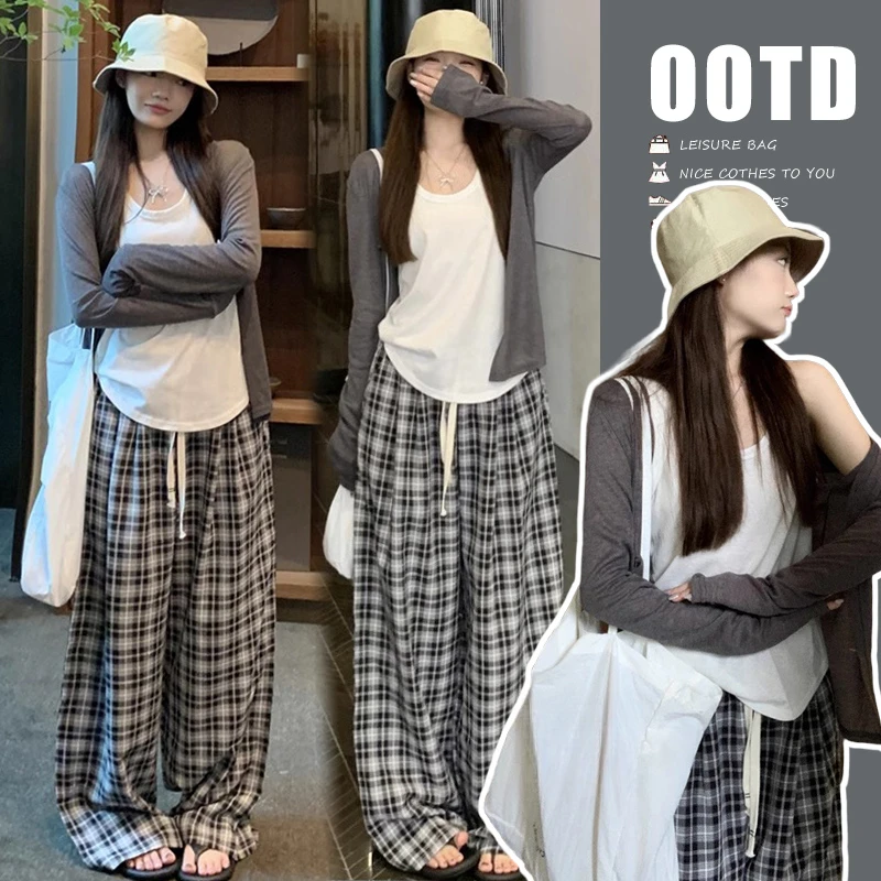 慵懒风孕妇夏装套装灰色防晒外套女无袖背心格子休闲裤三件套春夏