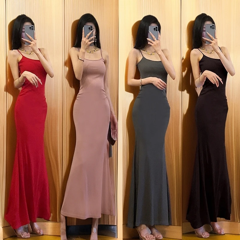 s1/3176-1【温柔】褶皱遮肉修身性感显瘦吊带露背包臀长裙连衣裙