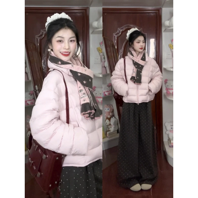 MARIE.COCO秋冬一整套温柔穿搭粉色排骨棉服外套搭波点休闲裤套装