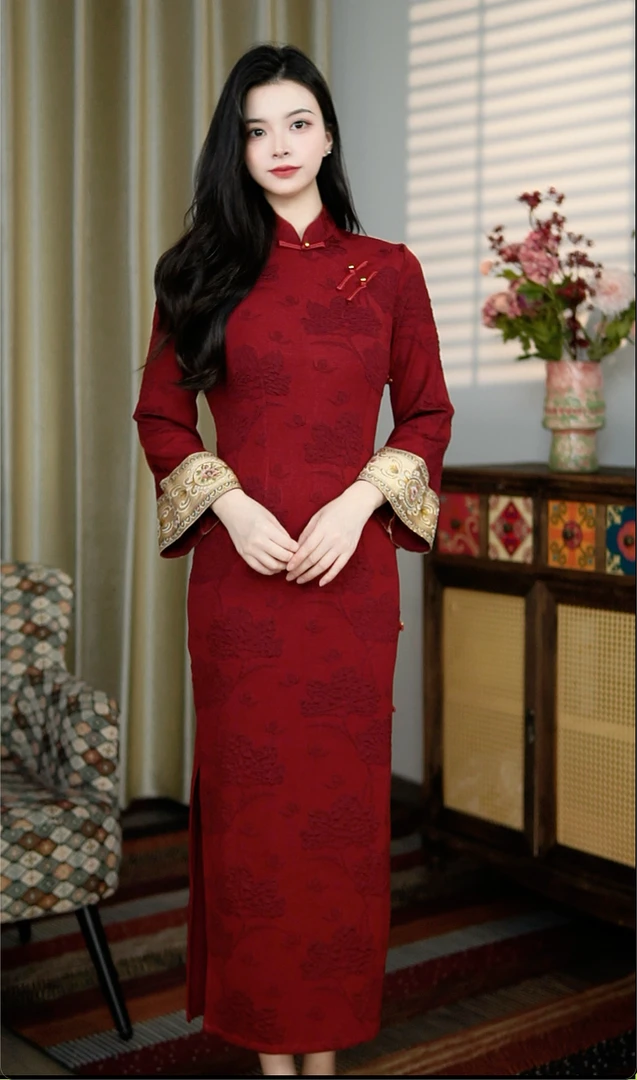 锦笙 |桑脂125cm复古酒红绝美高级感旗袍改良倒大袖修身气质款