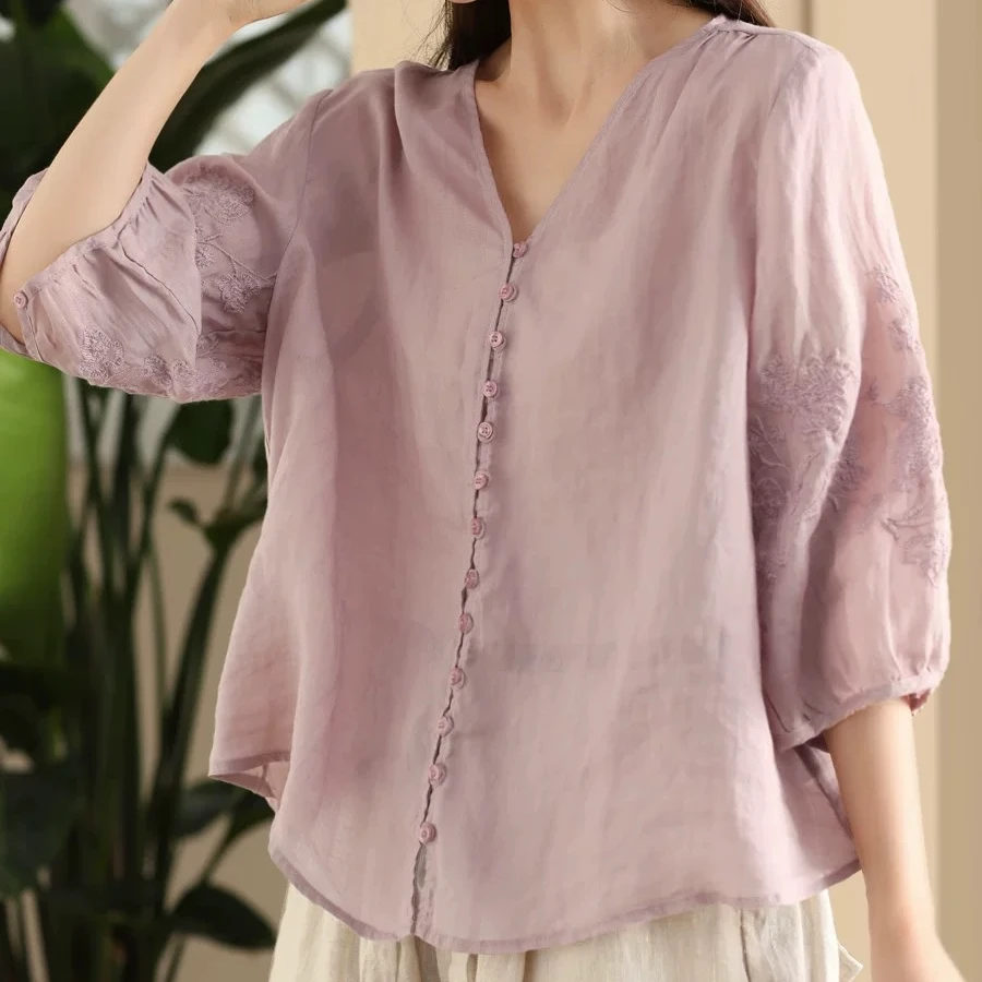 高定刺绣不透肉衬衫女时尚定制纽扣衬衣气质V领开衫上衣文艺纯色