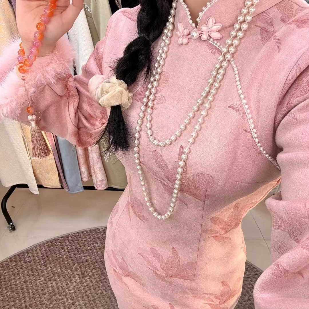 《K129》秋冬季新款高级温柔显白竹叶收腰修身改良立领旗袍