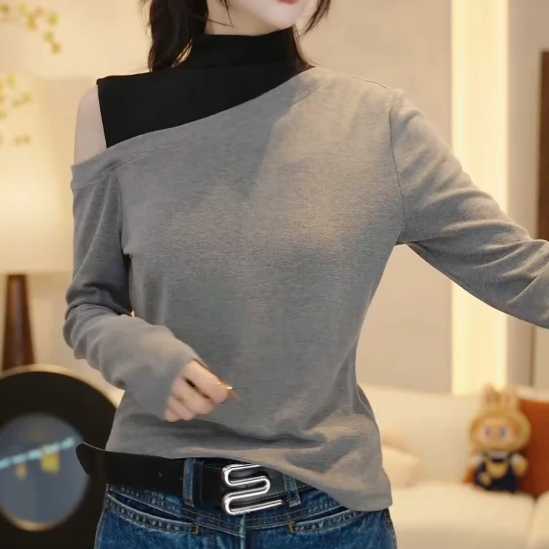半高领露肩气质T恤长袖打底衫秋冬舒适内搭上衣LK2507180
