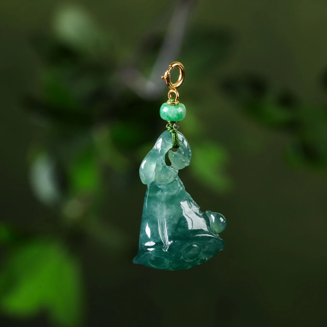 【意婵】18K金天然缅A冰润老翡翠精雕吊坠-915688