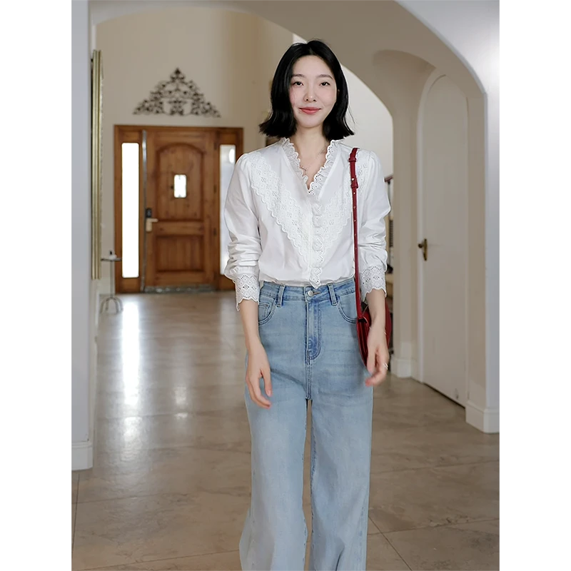 郭九九呢 100%棉温柔气质V领显瘦木耳边衬衫阔腿牛仔裤G924C13694