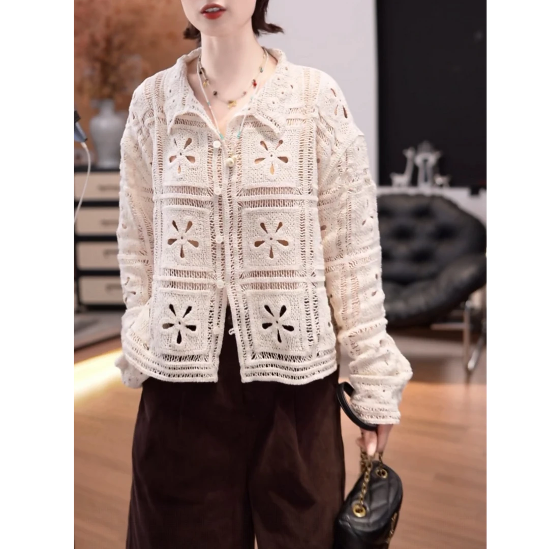 设计感镂空钩花针织开衫女2025新款时尚休闲百搭显瘦毛衣外套上衣