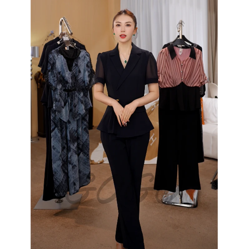 G9106洋气西装领短袖两件套女2025初秋新款精致微喇阔腿裤套装