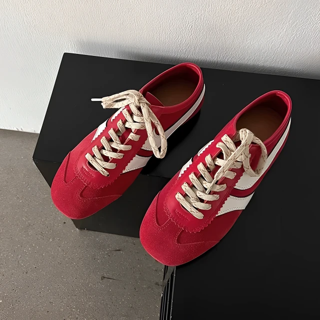 网红秋季新款牛皮德训鞋女款爆款2025新款厚底休闲鞋红色阿甘鞋子