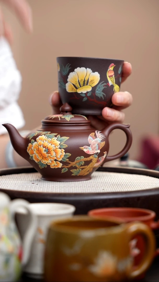 茶壶紫砂紫泥笑樱泥绘双鸟+杯