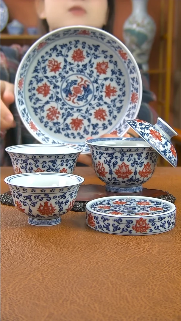 景德镇手工青花釉里红缠枝莲套组