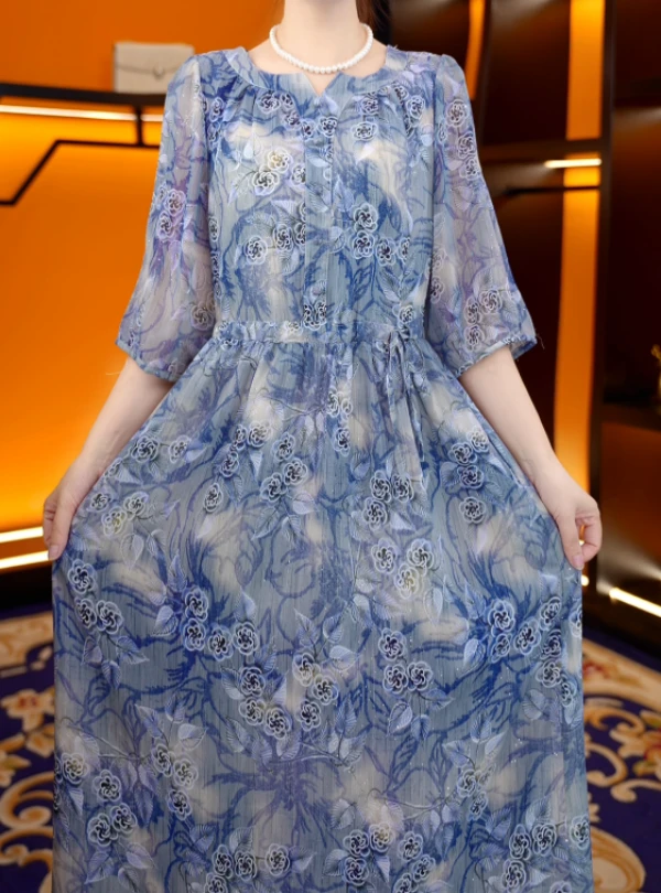 主播补贴【青花雅梦】25年新款花色气质优雅收腰连衣裙14867