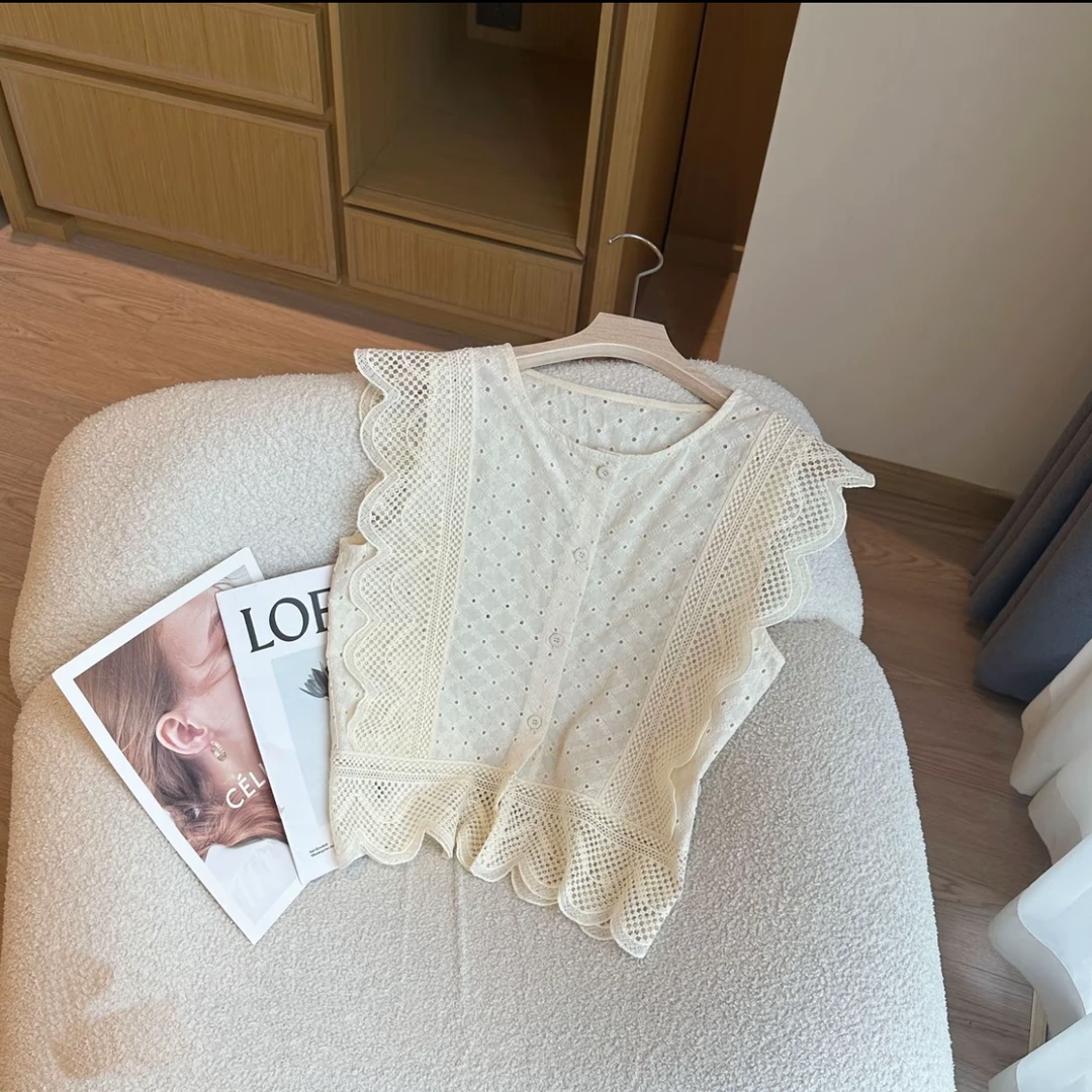 法式荷叶边蕾丝拼接镂空短袖上衣女2025年夏季新款漂亮小衫显瘦