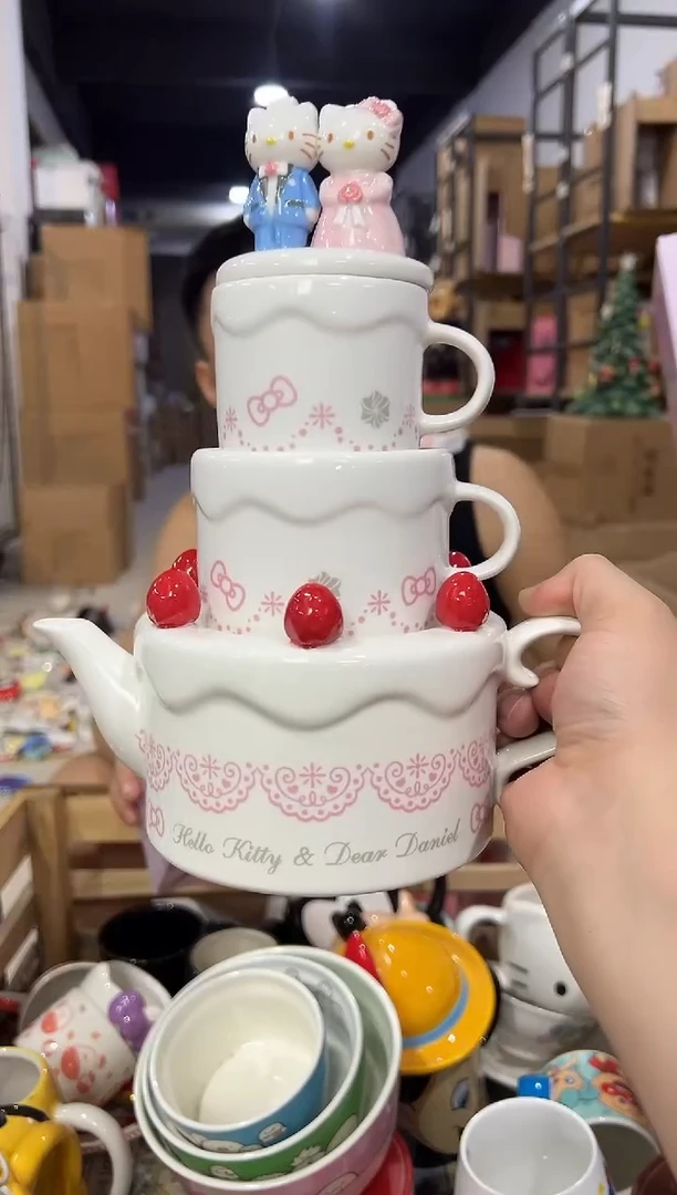 瓷片原盒kt猫结婚茶壶套组