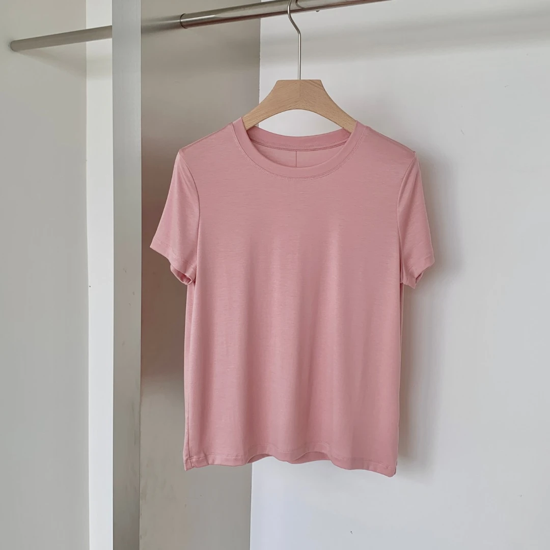 纯色莱赛尔凉感面料透气不易皱后中线圆领短袖T恤女 T8614