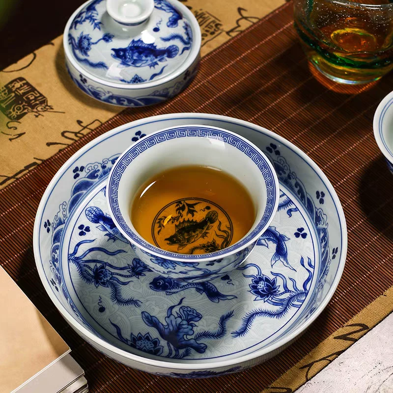 景德镇手工制作釉下彩青花瓷海水鱼高端陶瓷茶具