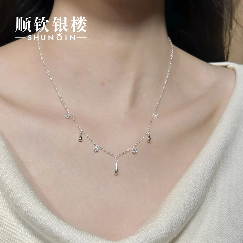 顺钦银楼 坠链均足银合成锆石 【锦茵项链】足银990百搭水滴银项链