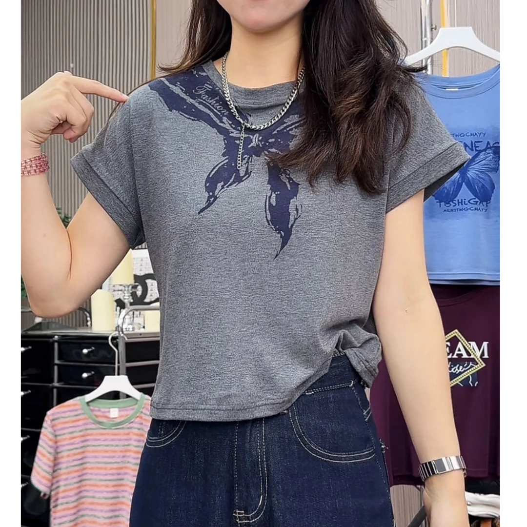 飞袖蝴蝶领圆领短袖t恤女设计感时尚别致休闲夏季正肩显瘦修身