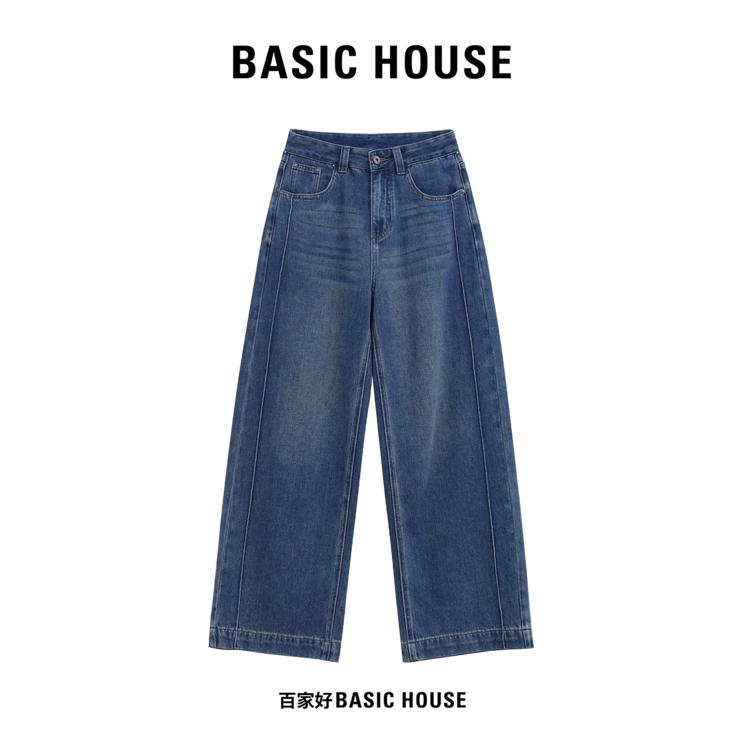 Basic House/百家好2025秋季休闲宽松百搭高腰水洗牛仔裤9722 MM