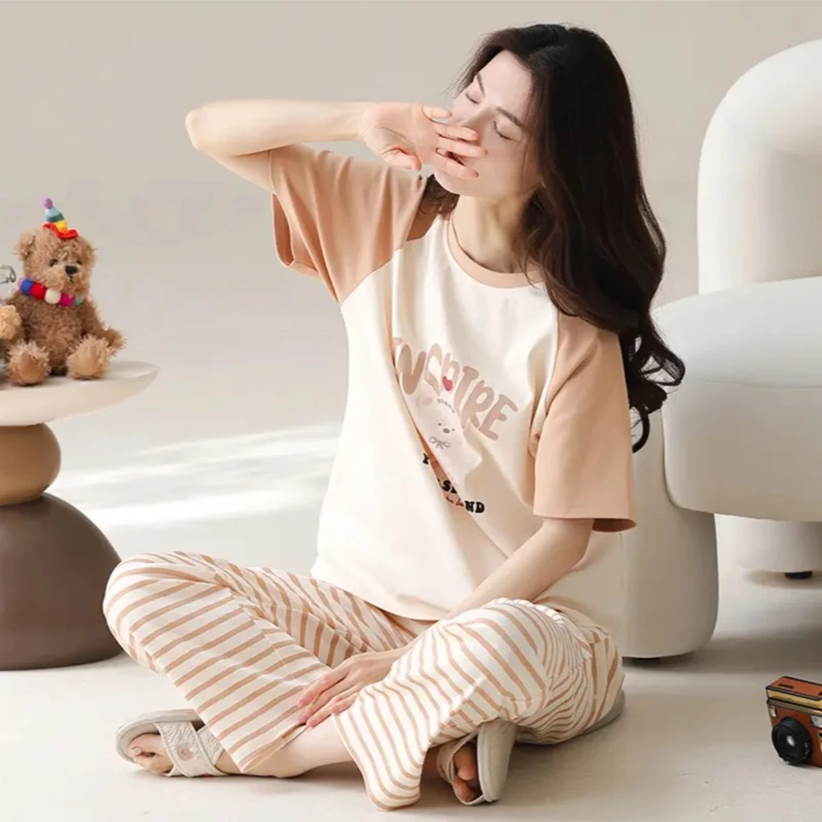 夏季新款纯棉休闲短袖长裤女士睡衣家居服套装可外穿女 YZT合集