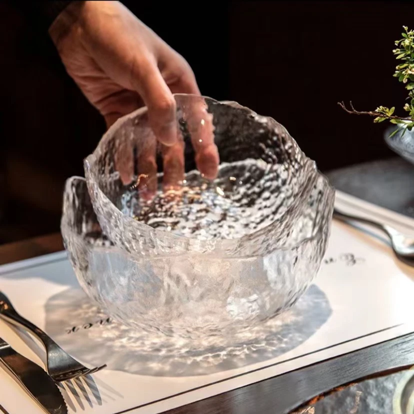 S【三件套】日式玻璃碗锤纹碗套装家用沙拉碗北欧果盘子饭碗花器