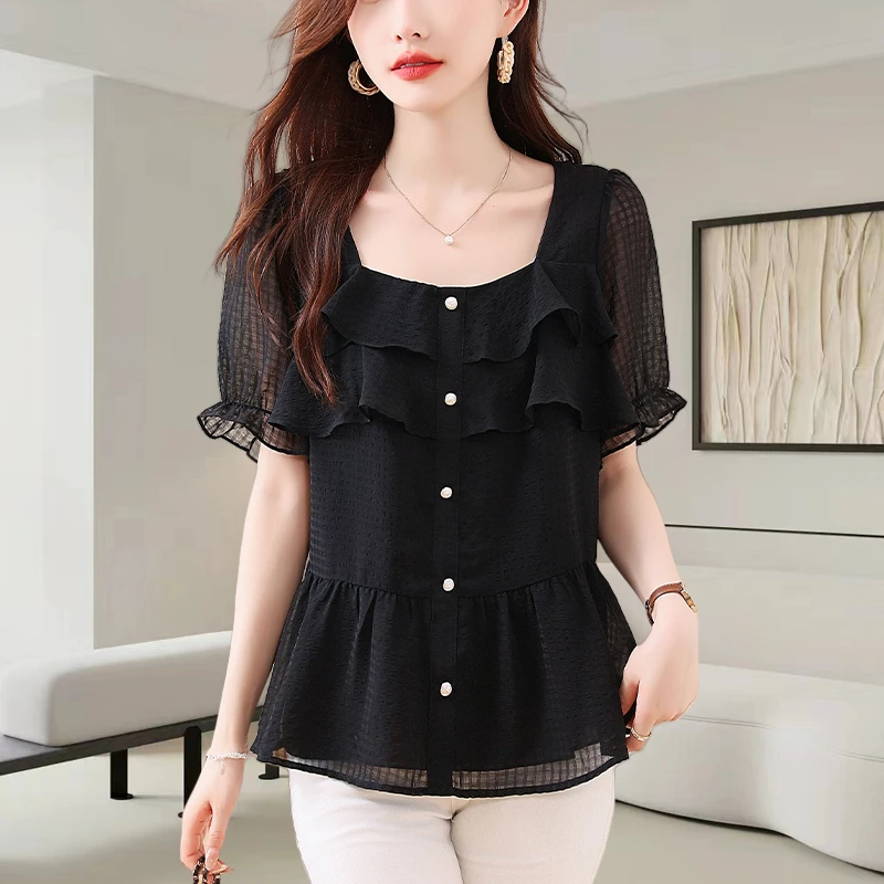 法式方领泡泡袖雪纺衫女士夏季2025新款设计感荷叶边摆裙小衫上衣