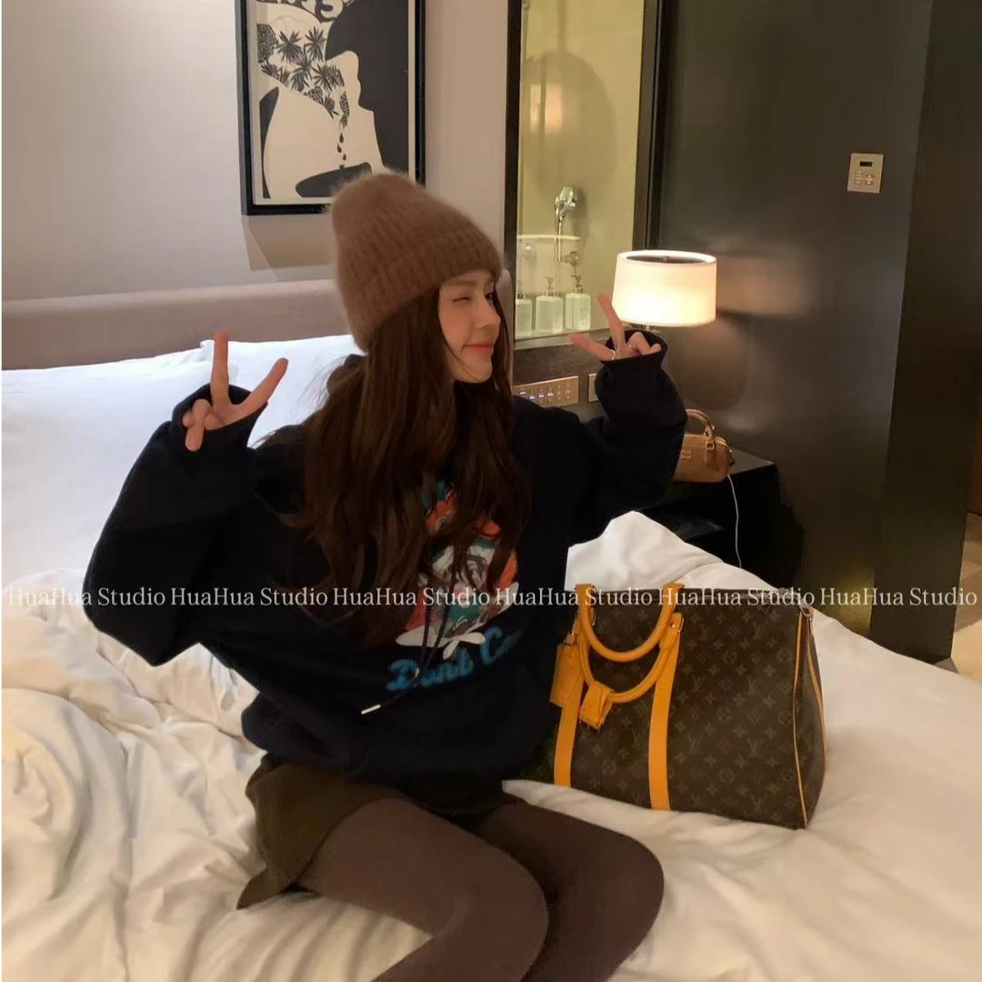 【花花】插画卫衣~美式复古超好看连帽卫衣女慵懒风外套上衣