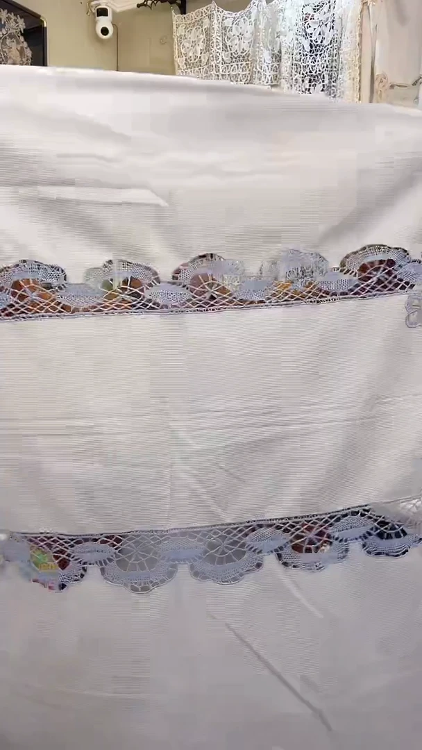 棉Z607白色棉质130*180cm手工蓝边棒槌花边大桌布餐桌布