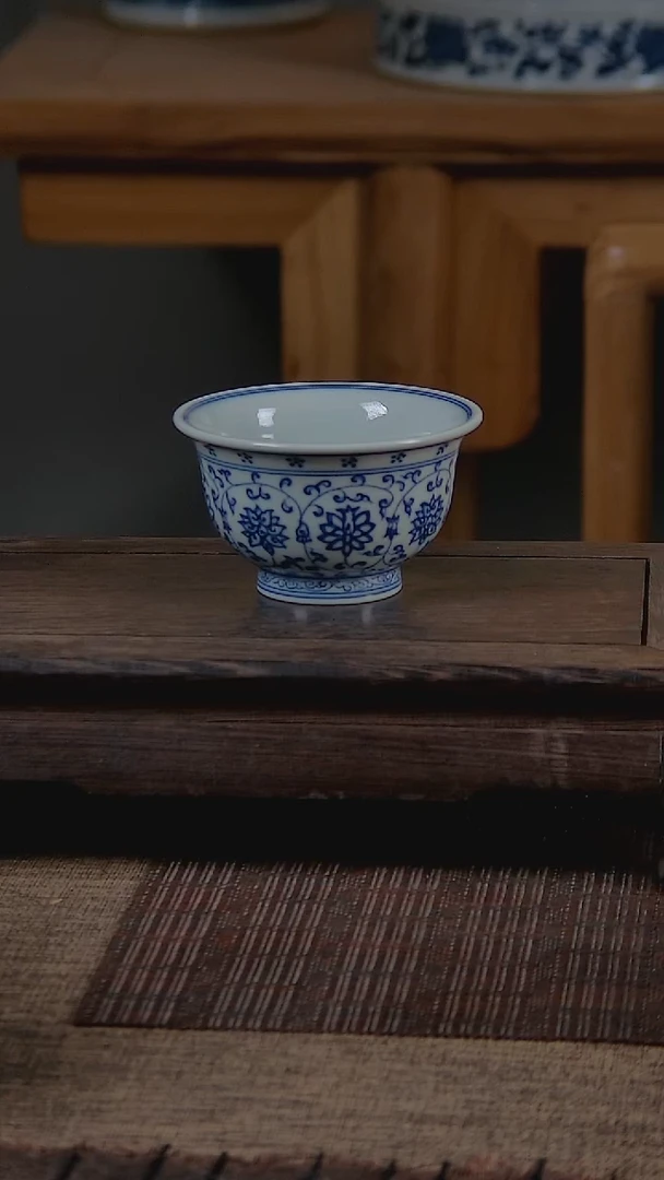 折葵非器手工手绘双狮滚绣球缠枝压手杯