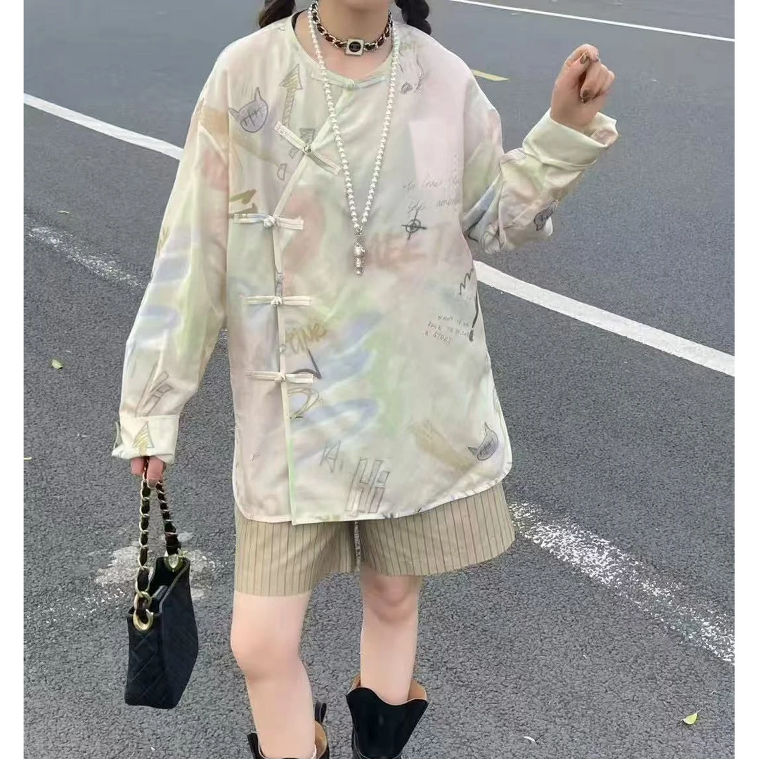 设计师款2025夏新品新中式盘扣斜门襟宽松真丝长袖衬衫上衣女