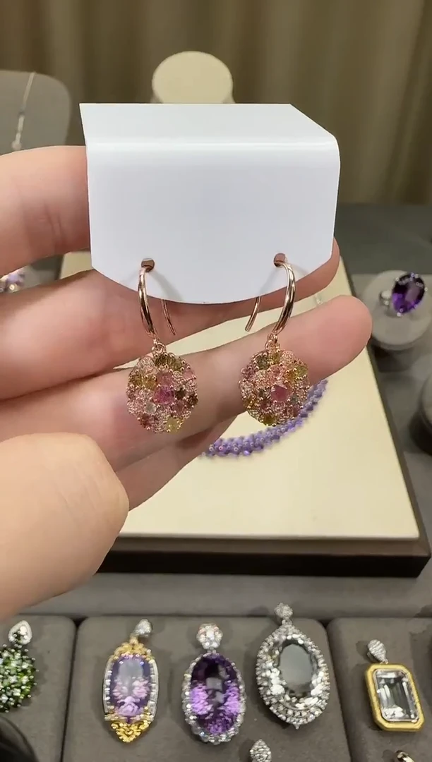 银S925镶嵌耳饰碧玺12mm耳钩设计款多样性发一