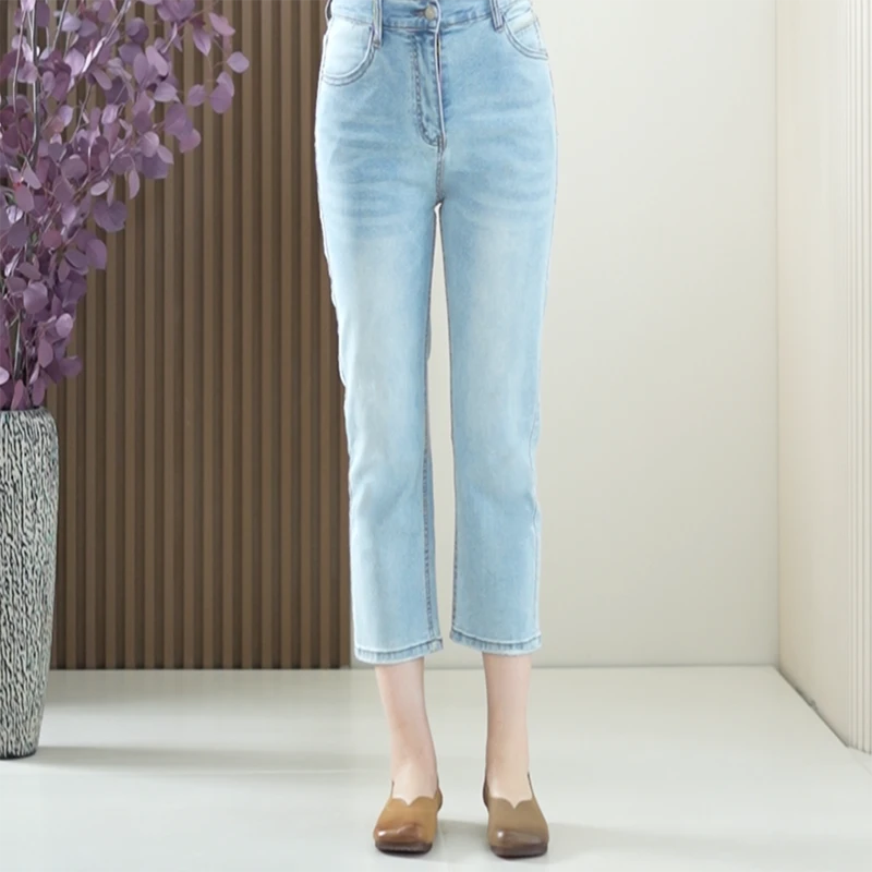 九分烟管牛仔裤松紧腰磨边柔软舒适大码弹力百搭夏季直筒裤子女潮