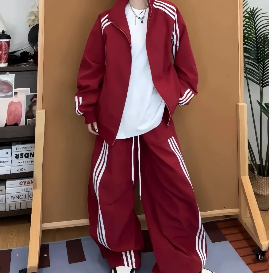 大码美式三条杠立领夹克外套长裤宽松运动休闲套装6752