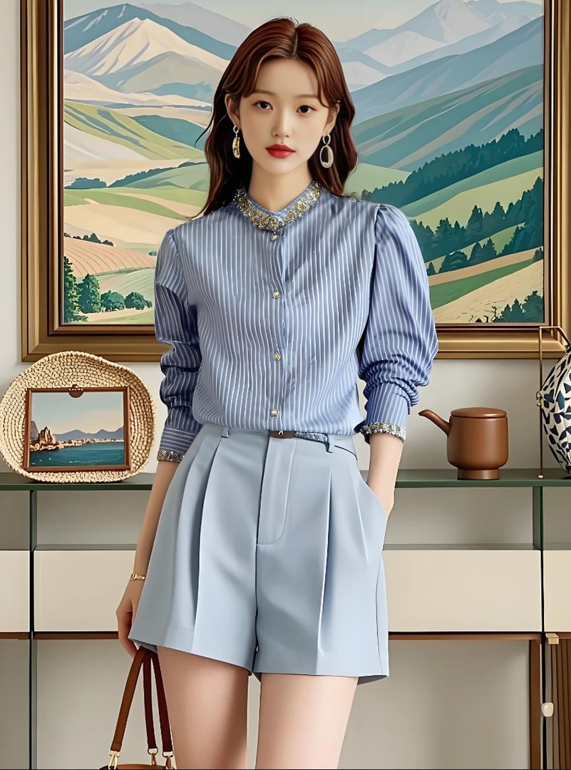 法式亮片轻奢蓝色镶钻衬衫上衣早春新款开衫百搭宽松减龄小衫气质