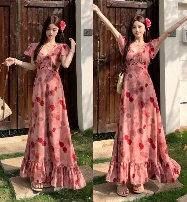 印花夏季常规成人V领大码连衣裙吸汗飞飞袖短袖