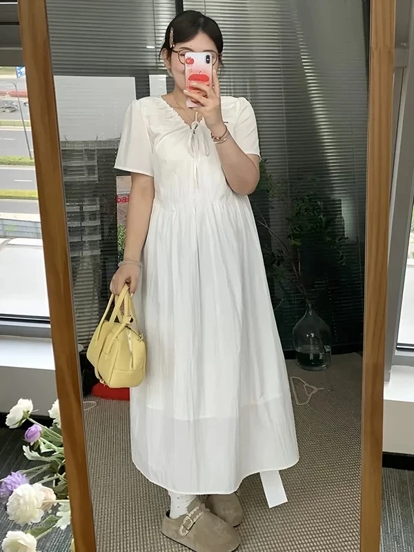 2025新款法式收腰系带白色连衣长裙7153
