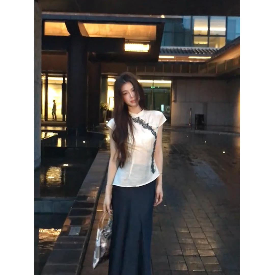 新中式盘扣印花短袖T恤夏季新款纯欲微透绝美上衣半身裙两件套装