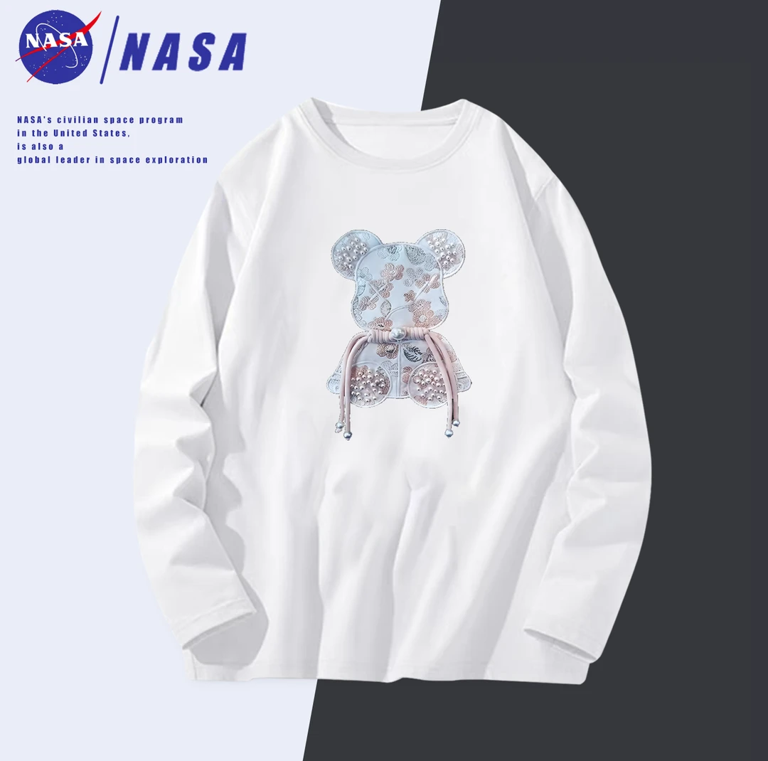 港风时尚潮白色纯棉百搭流春夏卡通印花圆领长袖T恤-抽绳小熊