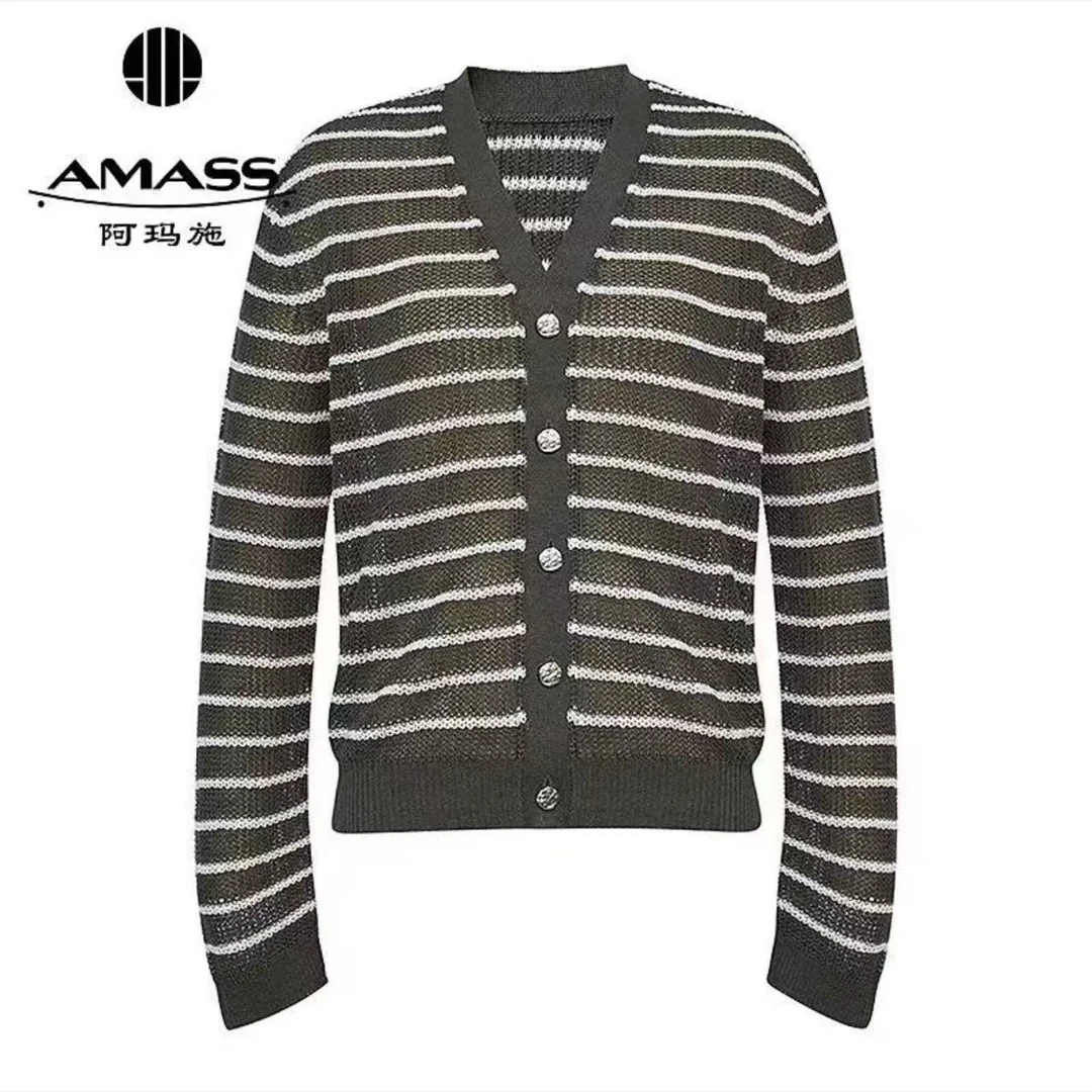 阿玛施AMASS 经典百搭清凉爽朗条纹亚麻基础镂空针织开衫548009
