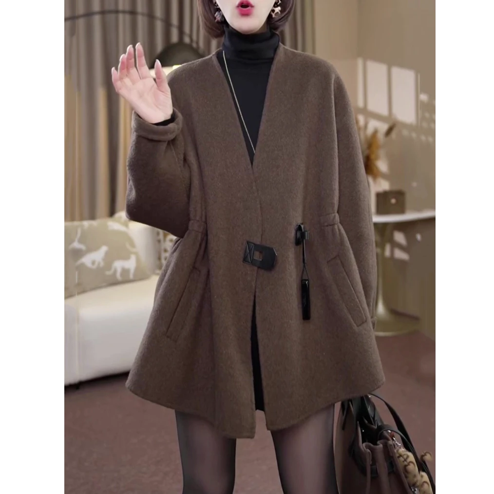 高档时尚韩版百搭毛呢外套女2025秋冬新款宽松显瘦洋气中长款外套