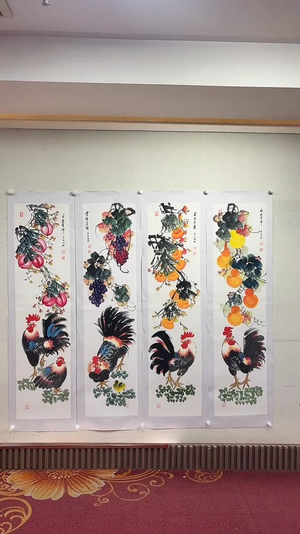 国画仿古公鸡四条屏/雷畅胜