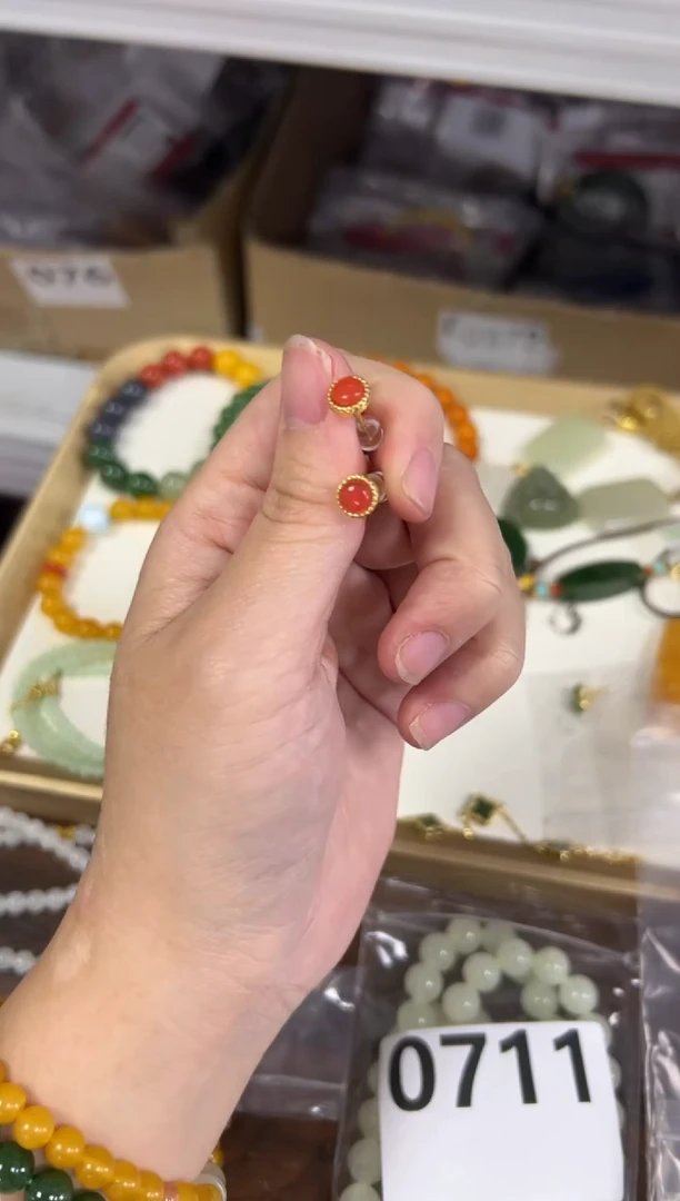 银S925镶嵌南红玛瑙耳饰南红玛瑙小圆盘银针耳钉[0803]