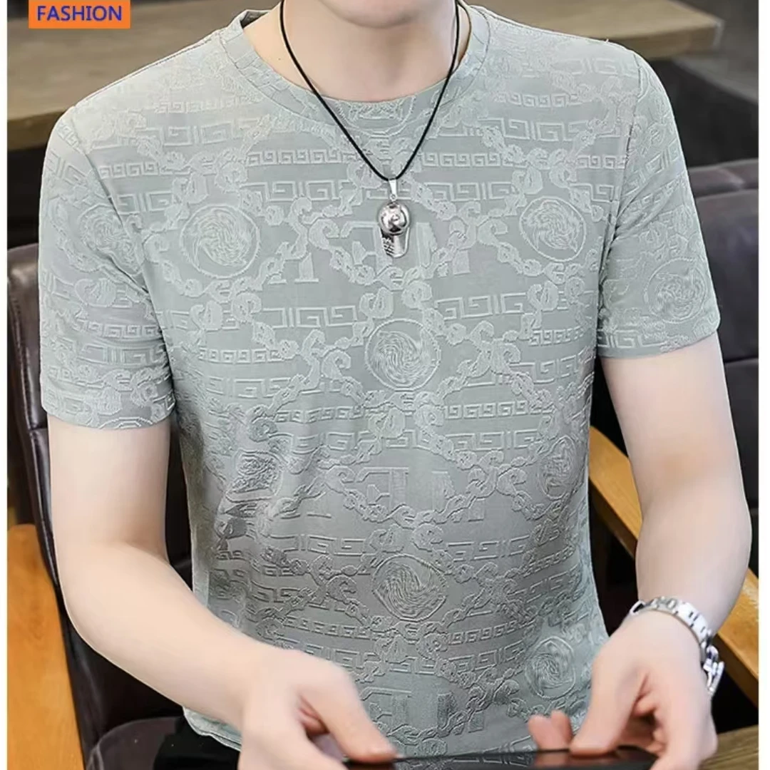 夏季凉感男士短袖t恤薄款冰丝潮流提花体恤新款休闲运动速干上衣