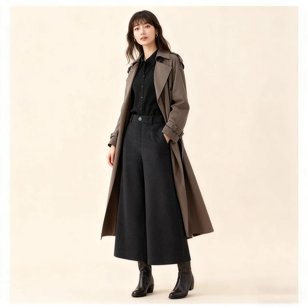 咖色马靴阔腿裤女秋冬季2025新款慵懒风八分休闲裤毛呢九分阔腿裤