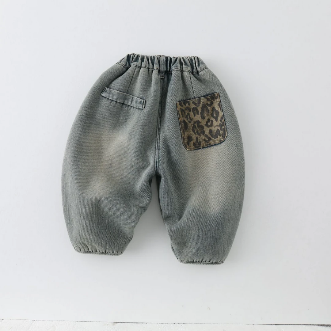 【现货捡漏】儿童牛仔裤冬季2024新款男童后兜豹纹做旧裤子