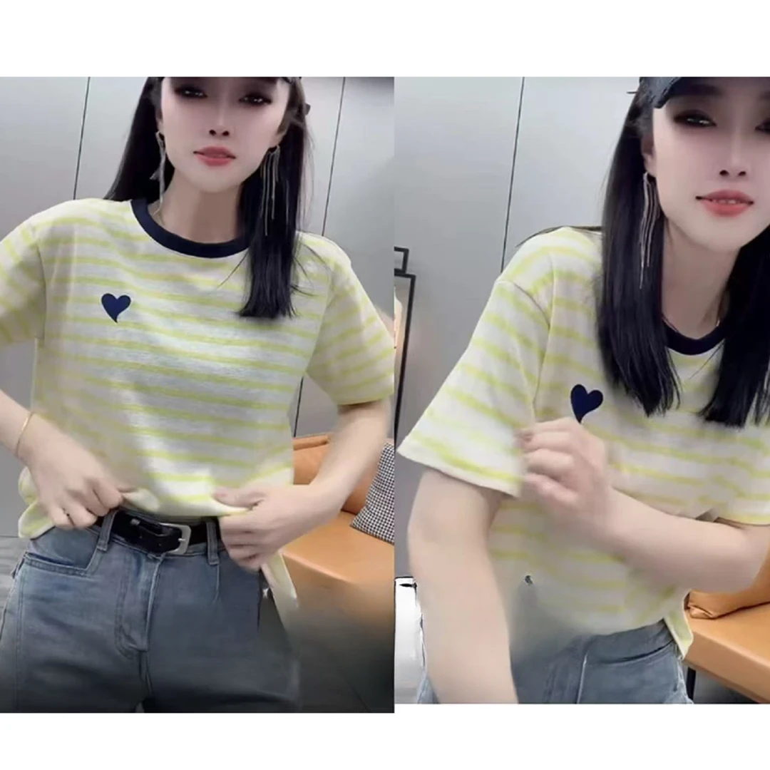 【姚姐定制】850撞色条纹爱心刺绣针织T恤