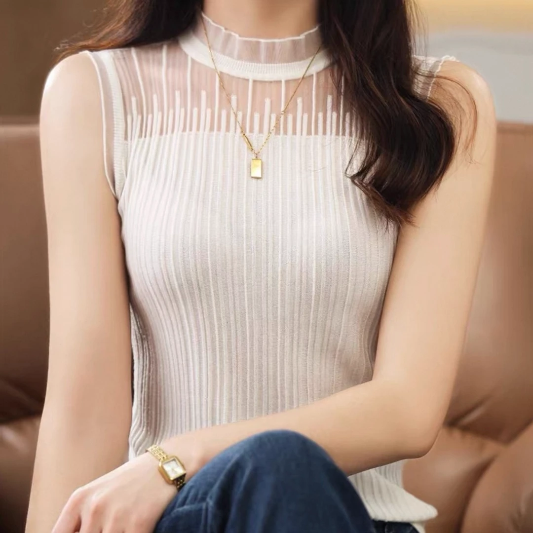 百搭神器~100精纺羊毛蕾丝木耳边领精纺柔软背心无袖打底衫女