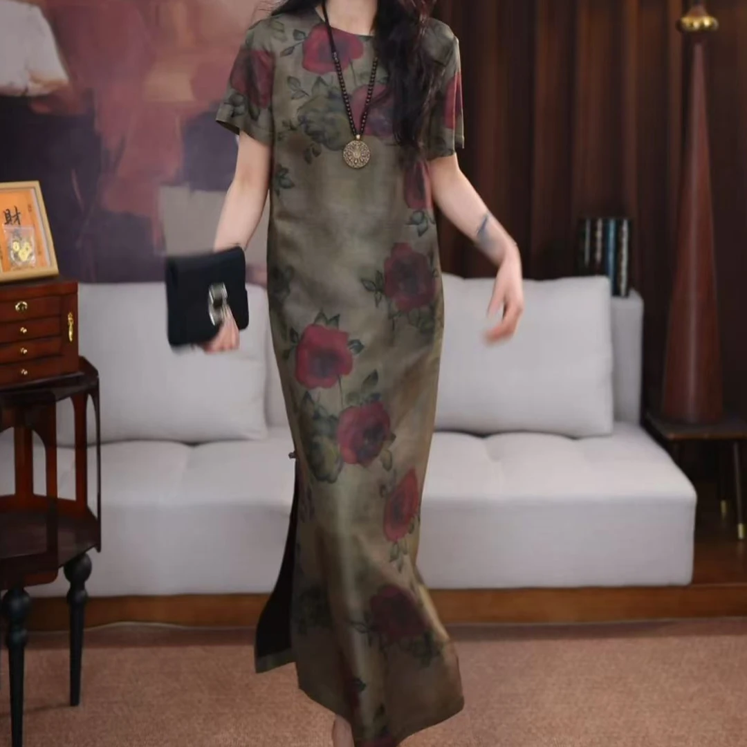 【羽卓】香云纱新中式长款重磅时尚国风遮肉印花复古长裙宽松连衣裙